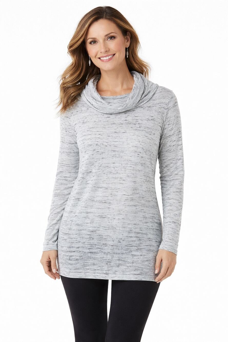 Chico’s Weekends Gray Gradient Cowl Neck Tunic Top Size Large Soft Knit